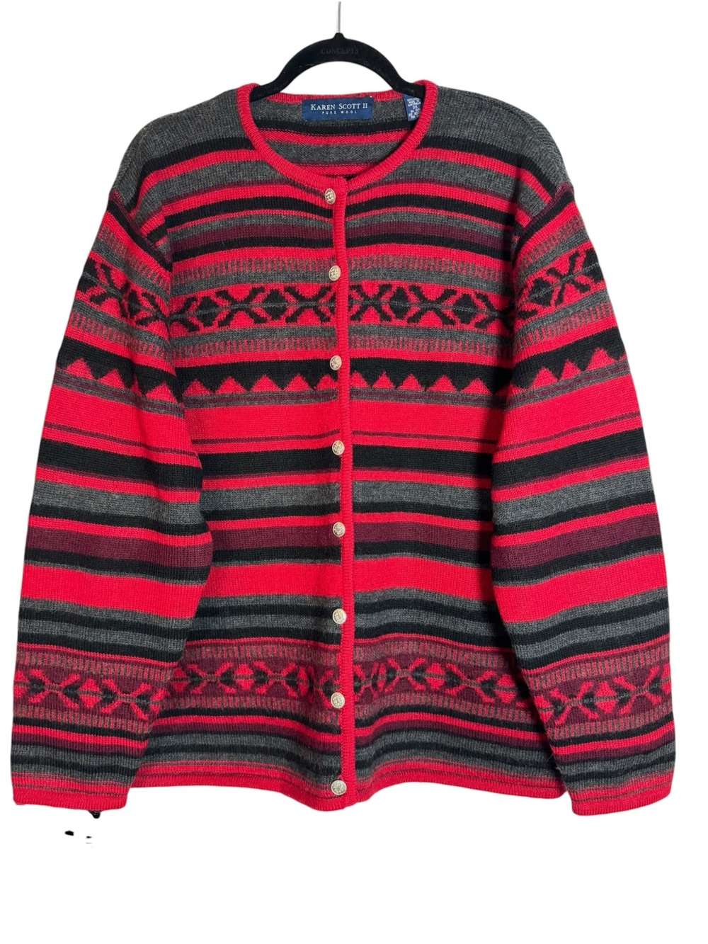 Karen Scott 100% Wool Red &Gray Fair Isle Patterned Button-Front 2X Cardigan